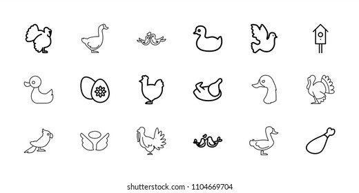 Bird icon. collection of 18 bird outline icons such as chicken, turkey, duck, meat leg, nesting house, easter egg, goose, parrot. editable bird icons for web and mobile.