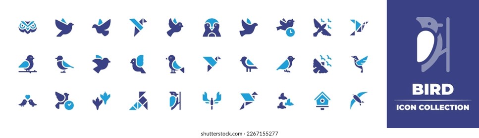 Bird icon collection. Duotone color. Vector illustration. Containing owl, dove, bird, origami, penguin, pigeon, early, birds, flock, heart, woodpecker, phoenix, bird house, swallow.