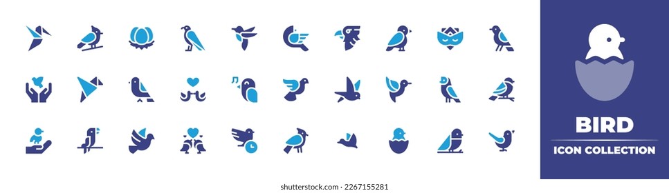 Bird icon collection. Duotone color. Vector illustration. Containing humming bird, cardinal, eggs, eagle, hummingbird, bird, arctic tern, eye mask, peace, origami, pigeons, dove, swallow, weaver.