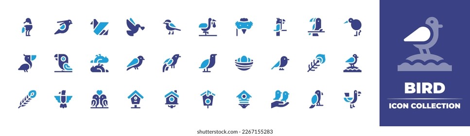 Bird icon collection. Duotone color. Vector illustration. Containing red crowned crane, bird, art and design, peace, disguise, kiwi, pelican, parrot, canary, bird of paradise, nest, peacock, seagull.