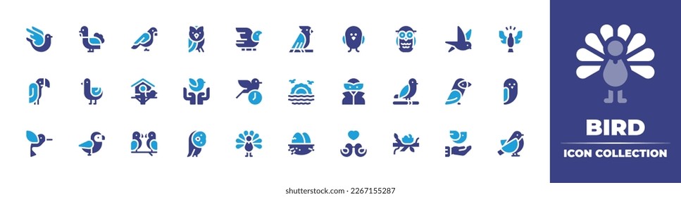 Bird icon collection. Duotone color. Vector illustration. Containing pigeon, turkey, bird, snow owl, parrot, chicken, owl, swallow, holy spirit, vulture, dove, bird house, early, sunrise, superhero.