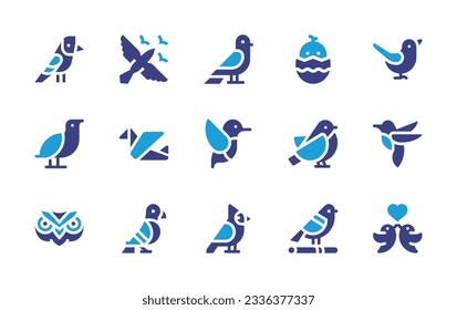 Bird icon collection. Duotone color. Vector illustration. Containing bird, birds, chicken, cuckoo, origami, hummingbird, bullfinch, owl, cardinal bird.