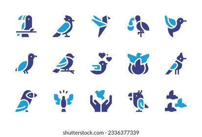 Bird icon collection. Duotone color. Vector illustration. Containing bird, skylark, humming bird, stork, hummingbird, seagull, bullfinch, phoenix, puffin, holy spirit, peace, parrot.