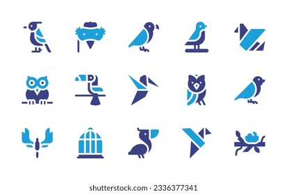 Bird icon collection. Duotone color. Vector illustration. Containing bird, disguise, animal, art and design, owl, toucan, humming bird, snow owl, phoenix, bird cage, pelican, origami, nest.