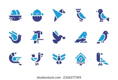 Bird icon collection. Duotone color. Vector illustration. Containing egg, chick, origami, owl, bird, pigeon, parrot, peace, sparrow, dove, bird house, raven.