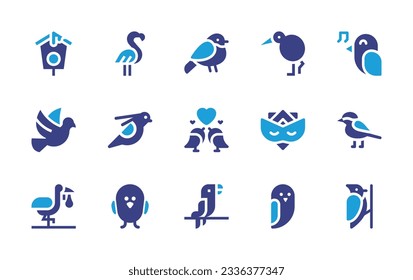 Bird icon collection. Duotone color. Vector illustration. Containing bird house, flamingo, bullfinch, kiwi, bird, animal, love birds, eye mask, chicken, parrot, owl, woodpecker.