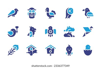 Bird icon collection. Duotone color. Vector illustration. Containing canary, owl, turkey, raven, bird, parrot, peacock, bird house, chicken, chick. 