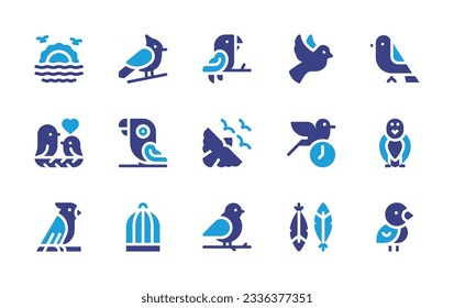 Bird icon collection. Duotone color. Vector illustration. Containing sunrise, cardinal, parrot, dove, bird, flock, early, bird cage, feather.