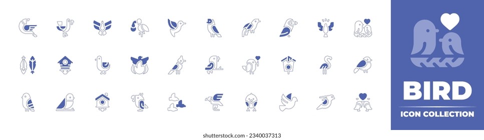 Bird icon collection. Duotone style line stroke and bold. Vector illustration. Containing bird, dove, stork, hummingbird, weaver, bird of paradise, puffin, holy spirit, feather, bird house, and more.