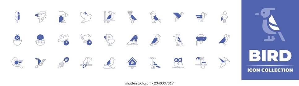 Bird icon collection. Duotone style line stroke and bold. Vector illustration. Containing feather, eagle, bird, dove, parrot, owl, origami, red crowned crane, chick, chicken, early, and more.