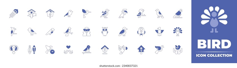 Bird icon collection. Duotone style line stroke and bold. Vector illustration. Containing peacock, bird house, bird, hummingbird, hornbill, parrot, superhero, owl, arctic tern, eagle, and more.