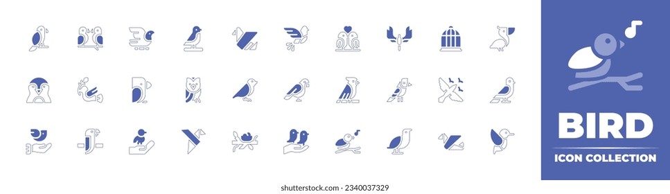 Bird icon collection. Duotone style line stroke and bold. Vector illustration. Containing love bird, bird, pigeon, art and design, birds, phoenix, bird cage, pelican, penguin, snow owl, and more.