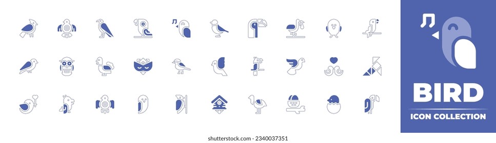 Bird icon collection. Duotone style line stroke and bold. Vector illustration. Containing blue jay, bird, eagle, parrot, toucan, chicken, canary, owl, turkey, eye mask, dove, birds, and more.