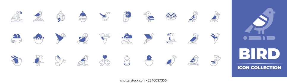 Bird icon collection. Duotone style line stroke and bold. Vector illustration. Containing bird, seagull, parrot, chicken, cuckoo, owl, raven, cardinal bird, egg, chick, origami, bullfinch, and more.