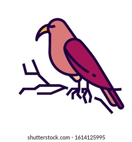 Bird icon in flat and pixel perfect style. Bird is sitting on branch. Sign for tarot cards or game web design. Magic vector icon for fortuneteller website. Isolated color object on a white background.