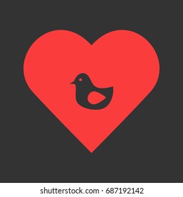 Bird icon flat. Simple pictogram on heart background. Vector illustration symbol