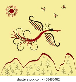 Bird icon. Illustration traditional Russian ornament Mezen painting. Sunbird flying over mountains.  Inscription for card, prints, posters. Vector illustration eps10