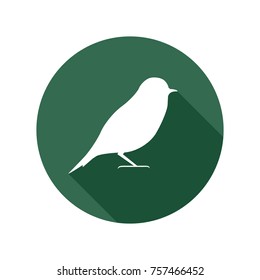 Bird icon with long shadow, white isolated on green background, vector illustration.