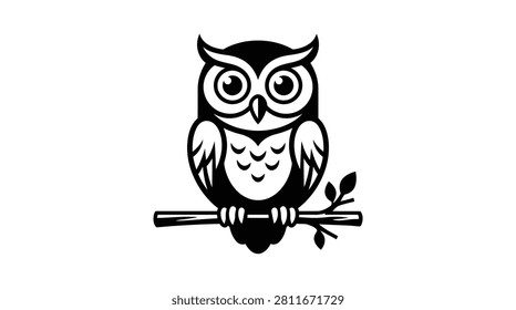 Bird icon on tree branch, wise predator animal, nature drawing, forest wildlife element, simple monochrome logo design.