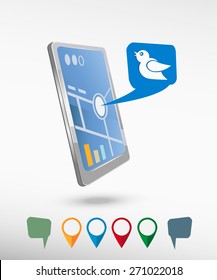 Bird Icon and perspective smartphone vector realistic. Set of bright map pointers for printing, website, presentation element and application mockup.
