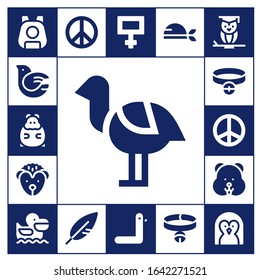 bird icon set. 17 filled bird icons. Included Pet, Dove, Hamster, Ostrich, Hedgehog, Collar, Peace, Pelican, Feather, Duck, Pirate, Wisdom, Penguin icons