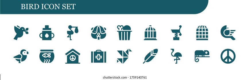 conjunto de iconos de pájaro. 18 íconos rellenos de pájaro.  Iconos modernos sencillos como: Paloma, alimentador, cigüeña, hámster, pollo, jaula de aves, primavera, tazón de pescado, paz, veterinaria, originami, pluma