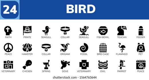bird icon set. 24 filled bird icons.  Simple modern icons about  - Faith, Pirate, Seagull, Collar, Fish bowl, Toucan, Feeder, Peace, Hamster, Origami, Fossil, Bird cage, Flamingo