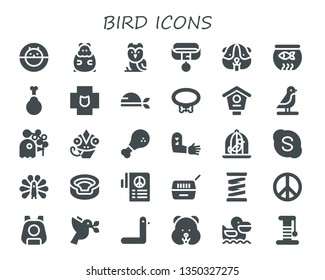 bird icon set. 30 filled bird icons.  Collection Of - Hamster ball, Hamster, Owl, Collar, Fish bowl, Chicken, Veterinary, Pirate, Bird house, Pigeon, Chameleon, Tattoo, Dove