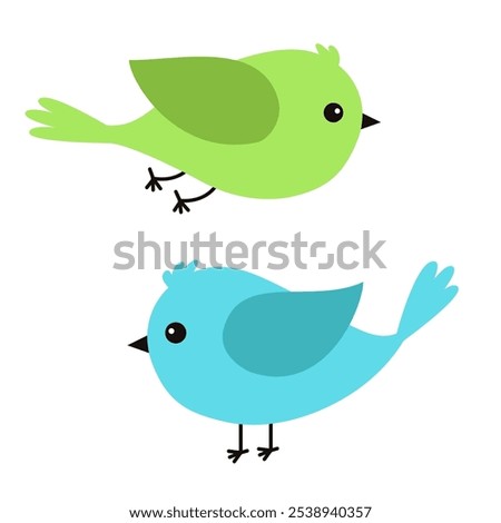 Bird icon set. Blue Green color Flying Standing birds collection. Cute kawaii cartoon funny character. Colorful sticker print. Decoration element. Childish style. Flat design. White background. Vector