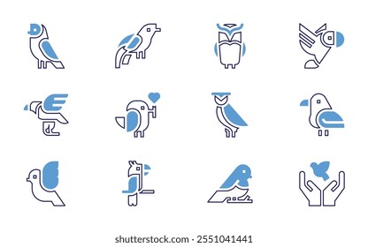 Bird icon set. Bold line style. Duotone colors. Editable stroke. owl, bird, origami, parrot, peace, holy spirit, raven, dove, birds.