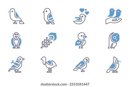 Bird icon set. Bold line style. Duotone colors. Editable stroke. bird, owl, birds, cardinal bird.