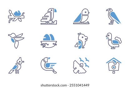 Bird icon set. Bold line style. Duotone colors. Editable stroke. flock, bird, turkey, parrot, bird house, peacock, eagle, ostrich.