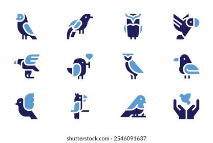 Bird icon set. Bold style. Duotone colors. weaver, bird of paradise, bird, golden eagle, owl, parrot, peace, raven, dove.