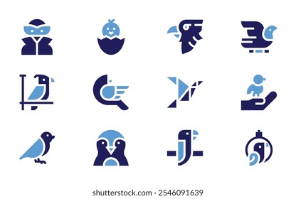 Bird icon set. Bold style. Duotone colors. eagle, bird, parrot, penguin, superhero, chick, pigeon.