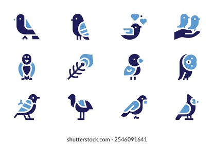 Bird icon set. Bold style. Duotone colors. bird, owl, peacock, birds, ostrich, cardinal bird.