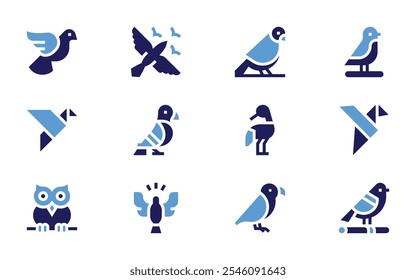 Bird icon set. Bold style. Duotone colors. bird, animal, origami, owl, red crowned crane, holy spirit, dove, birds.