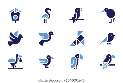 Bird icon set. Bold style. Duotone colors. animal, kiwi, bird house, flamingo, parrot, bird, dove, vulture.