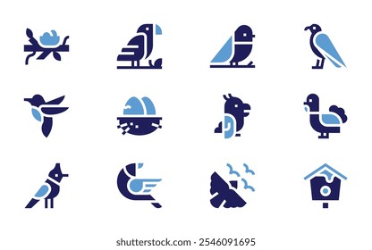 Bird icon set. Bold style. Duotone colors. nest, egg, bird, flock, turkey, parrot, bird house, eagle, hummingbird.