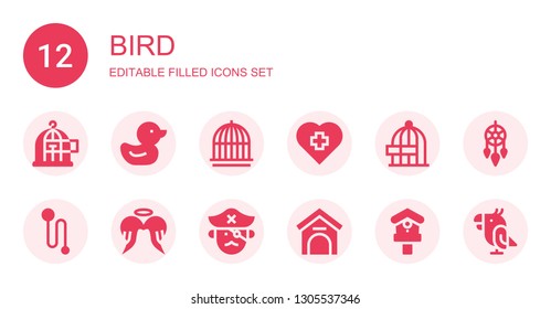bird icon set. Collection of 12 filled bird icons included Freedom, Duck, Cage, Veterinary, Leash, Angel, Pirate, Kennel, Birdhouse, Dreamcatcher, Parrot