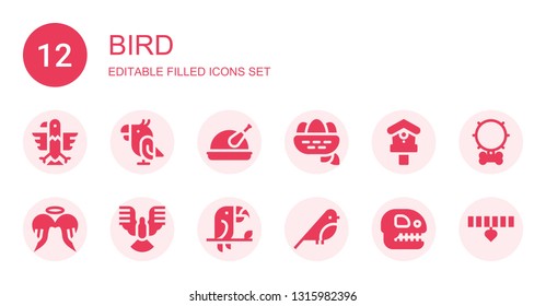bird icon set. Collection of 12 filled bird icons included Eagle, Parrot, Chicken, Nest, Birdhouse, Angel, Dove, Toucan, Bird, Fossil, Collar