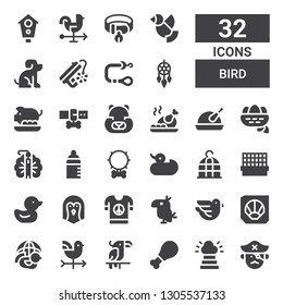 bird icon set. Collection of 32 filled bird icons included Pirate, Heaven, Chicken, Parrot, Vane, Dove, Fossil, Peace, Penguin, Duck, Cage, Bird cage, Collar, Feeder, Peacock