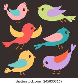 Bird icon set. Cute cartoon kawaii funny baby character. Different birds collection. Colorful sticker print. Childish style. Decoration element. Flat design. Isolated. Black background. Vector