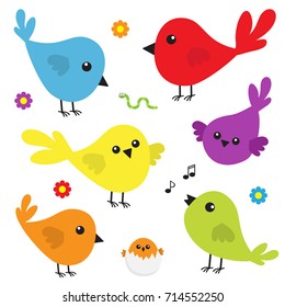 Bird icon set. Cute cartoon colorful character. Birds baby collection. Decoration element. Singing song. Flower, worm insect music note, shell nesting. Flat design. White background. Isolated. Vector