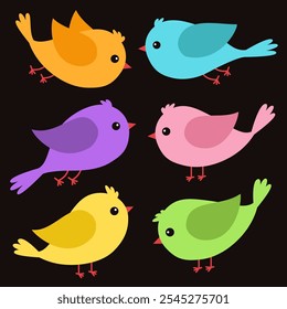 Bird icon set. Different color birds collection. Cute kawaii cartoon funny baby character. Colorful sticker print. Decoration element. Childish style. Flat design. Isolated. Black background. Vector