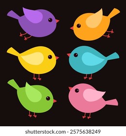 Bird icon set. Different color birds. Cute kawaii cartoon funny baby character. Colorful sticker print. Decoration element. Childish style. Simple flat design. Isolated. Black background. Vector