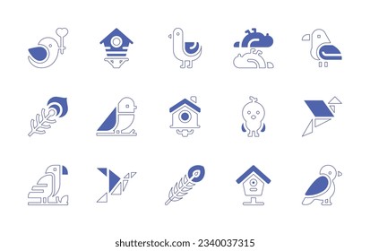 Bird icon set. Duotone style line stroke and bold. Vector illustration. Containing bird, bird house, dove, raven, peacock, chicken, arctic tern.