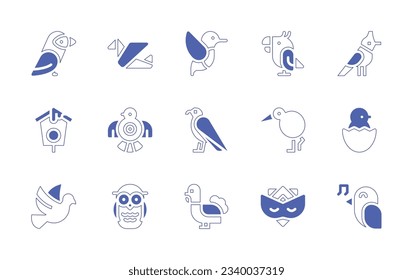 Bird icon set. Duotone style line stroke and bold. Vector illustration. Containing puffin, origami, hummingbird, parrot, bird, bird house, eagle, kiwi, chick, animal, owl, turkey, eye mask.