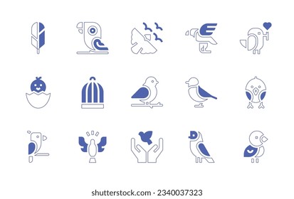 Bird icon set. Duotone style line stroke and bold. Vector illustration. Containing feather, parrot, flock, golden eagle, bird, chick, bird cage, holy spirit, peace, weaver.