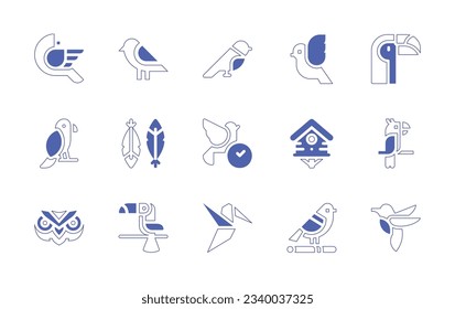 Bird icon set. Duotone style line stroke and bold. Vector illustration. Containing bird, dove, toucan, love, feather, early, bird house, owl.