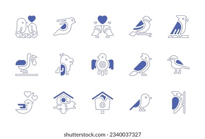 Bird icon set. Duotone style line stroke and bold. Vector illustration. Containing bird, love birds, bullfinch, parrot, skylark, bird house, woodpecker.